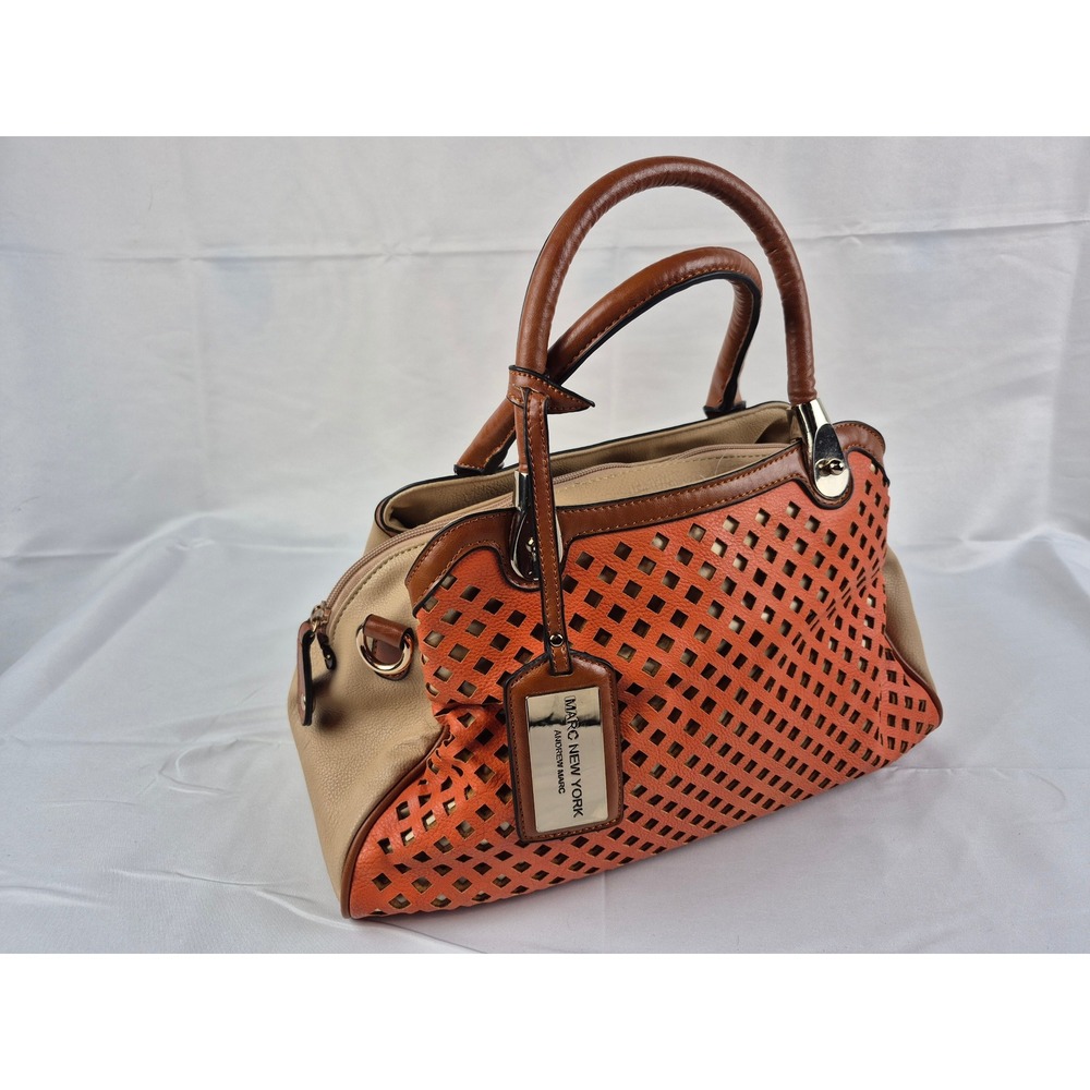 Marc New York Womens Leather Satchel Handbag Perforated Tan Orange Tote